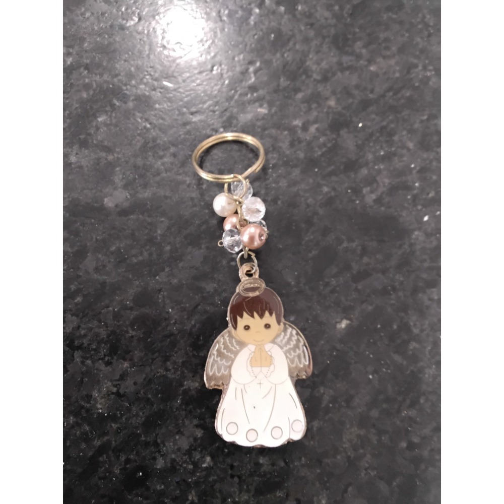 Guardian Angel‎ Boy Keychain Gold Tone Enamel Prayer Beads Religious Charm